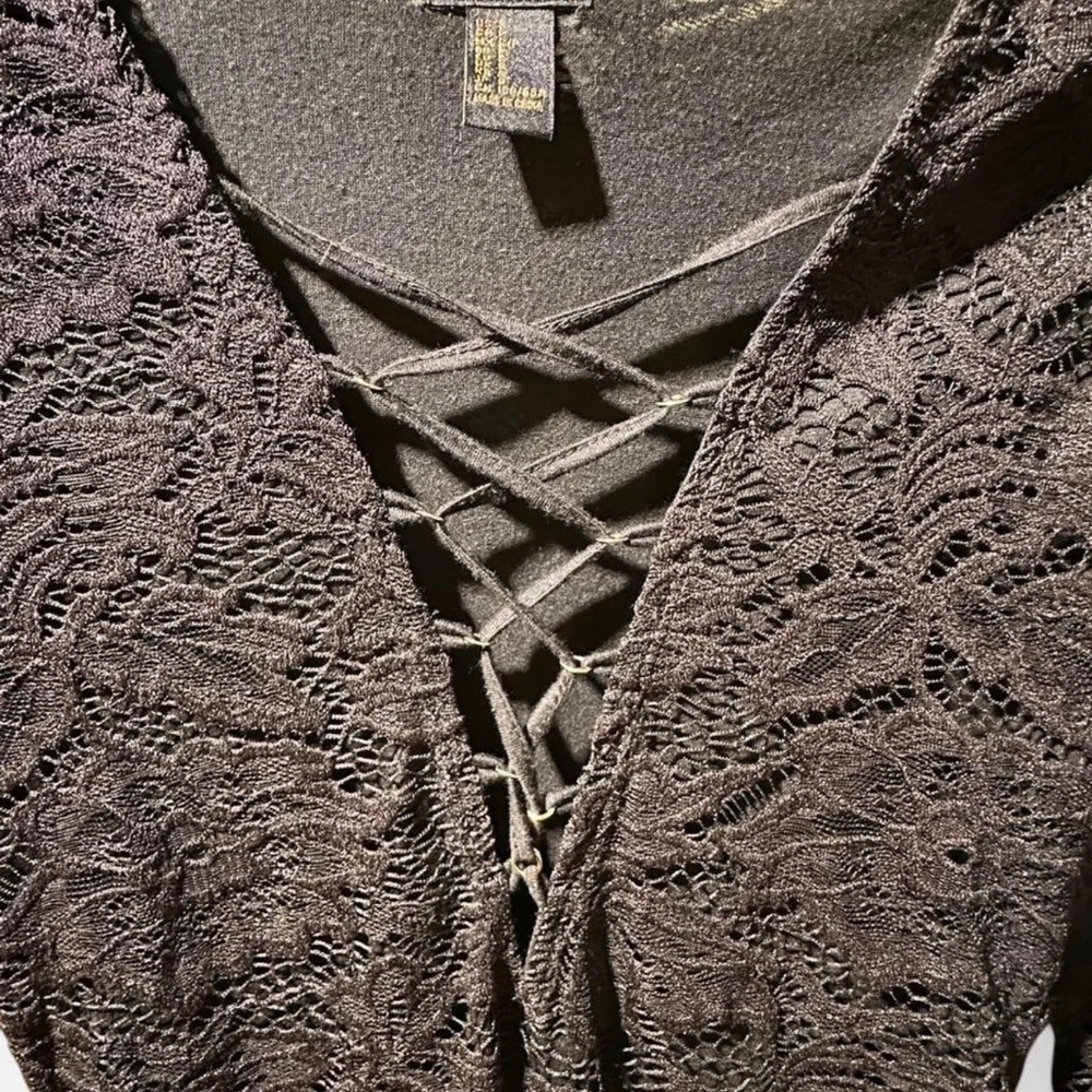 Forever 21 Black Lace Long Sleeve Bodysuit Size Small Gothcore Minimalist - Picture 7 of 10